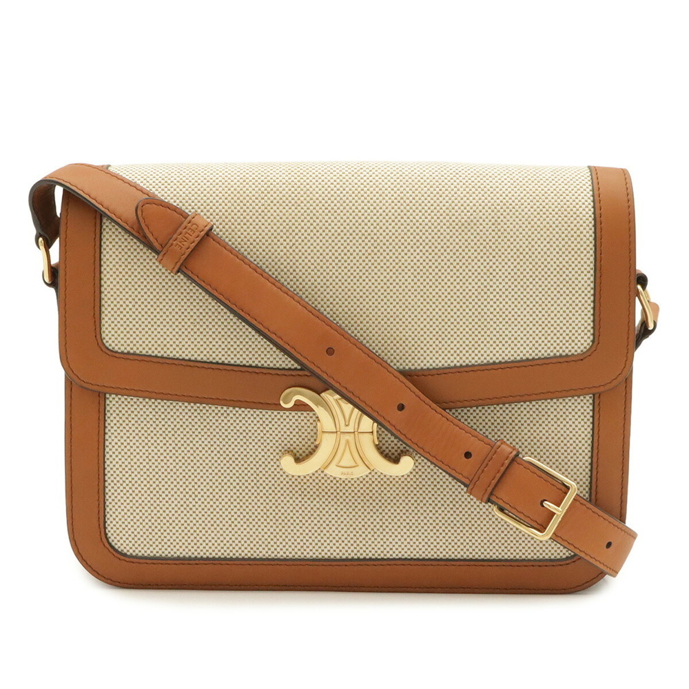 CELINE Triomphe Classic Pochette Shoulder Bag, Canvas and Leather, Natural Br...